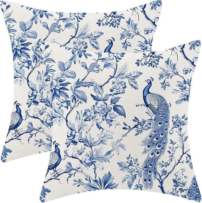 Navy Blue Spring Floral Pillow Covers 18 x 18 Inch Set of 2 for Chinoiserie Flowers Bird Decor Throw Pillows Vintage Plant Farmhouse Outdoor Decorative Cushion Cases for Couch Bed Decorations-Ruum Studio Home