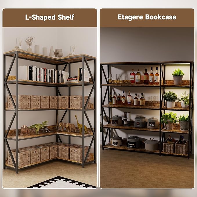 Large Farmhouse Style 5 Tiers Corner Bookshelf with Grow Light, Extra Wide Plant Stand & Bookcase for Home Office 、Craft Space、Living Room, Rustic Wooden Corner Shelf for Indoor Plants-Ruum Studio Home