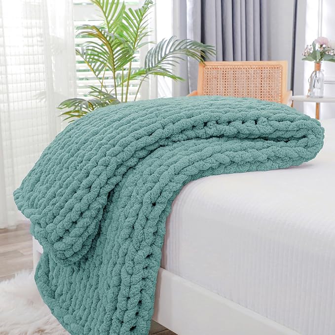 Bigacogo Chunky Knit Throw Blanket for Couch, 40x60 inches, 100% Hand Knitted with Thick Jumbo Chenille Yarn, Cozy Soft Large Rope Knot Cable Crochet Blankets for Sofa Bed Living Room, Light Teal-Ruum Studio Home