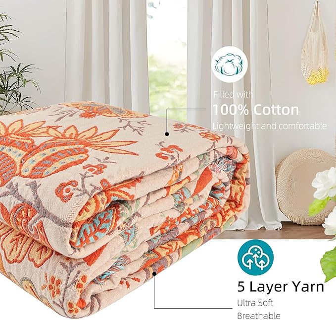 Boho Throw Blanket for Bed - 100% Pure Cotton Ultra Soft Rustic Quilt - Farmhouse Decor Bed Blankets, All Season Rustic Throw for Sofa Couch Chair(60''×80'', Floral)-Ruum Studio Home
