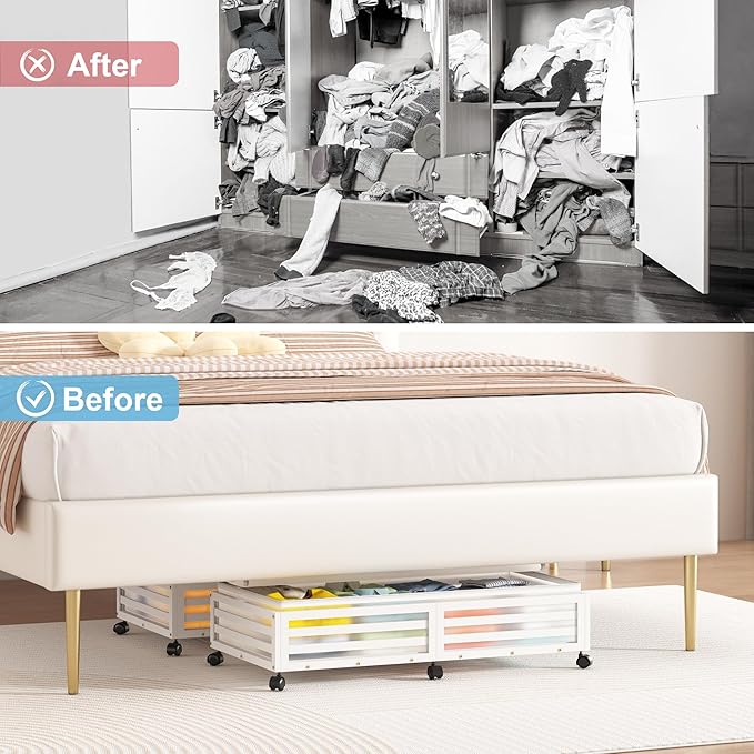 Under Bed Storage with Wheels-Large Bamboo Underbed storage Containers with Large Dust Bag Stackable Under the Bed Shoe Storage Bins for Clothes Books Bedding (2 Packs White, 33.07"L×16.54"W× 6.5"H)-Ruum Studio Home