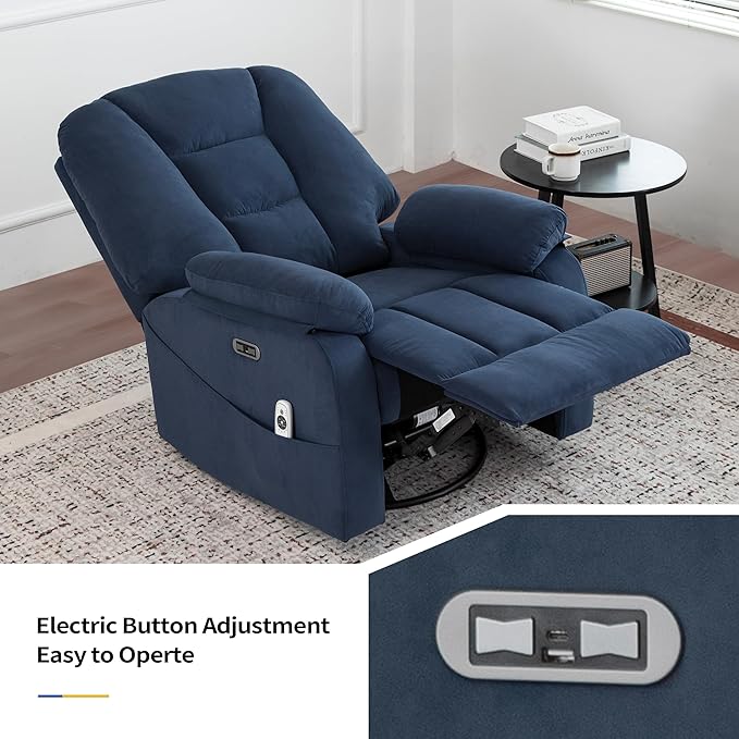 Power Swivel Rocker Recliner Chair for Adults,Rocking Recliners Chairs with Massage and Heat for Living Room, Electric Fabric Reclining Sofa Chair with USB and Type-C Port (Fabirc Blue)-Ruum Studio Home