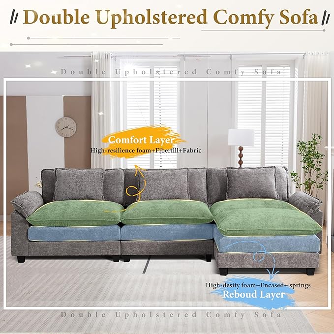 URRED Modular Sectional Sofa Comfy Cloud Couch, Modern Chenille Sofa Sleeper Deep Seat Couches with Ottoman/Pillows for Living Room (Gray, 117''- L Shape)-Ruum Studio Home