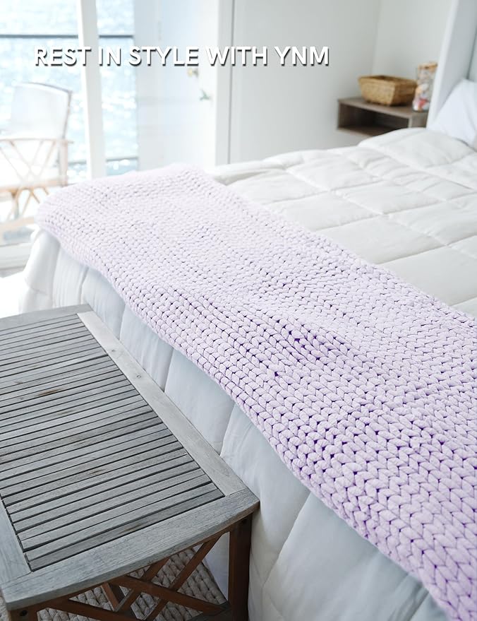 YnM Chunky Throw Blanket, Medium-Weight, Hand Knitted, Skin Friendly, Ventilated and Breathable, Machine Washable, Home Décor Piece for Couch, Sofa and Bed (Iris Lavender, 80x87 Inch)-Ruum Studio Home