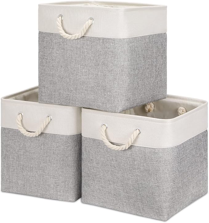 Bidtakay Fabric Basket Set - Large Square Organizer Bins, 13x13, Set of 3, White & Grey-Ruum Studio Home