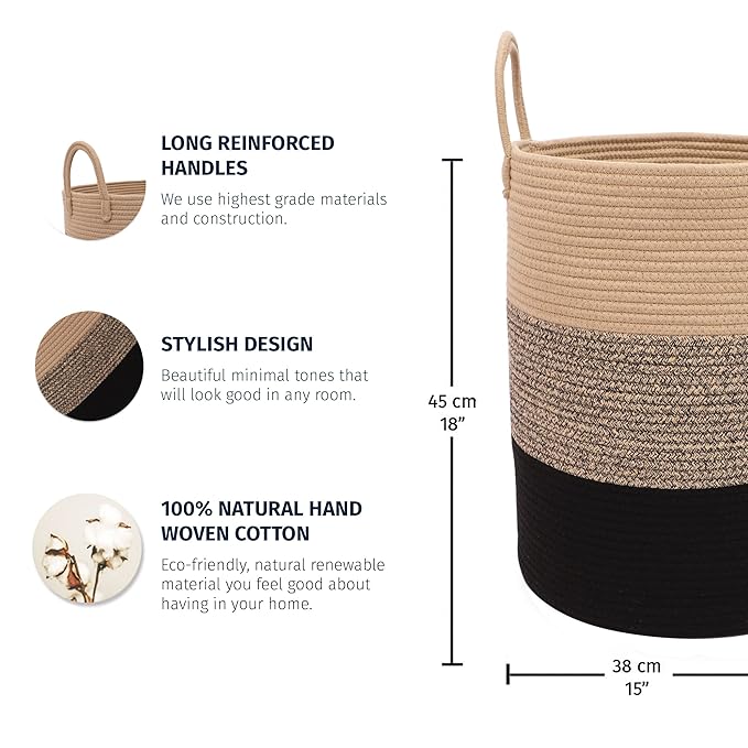 OrganiHaus Brown Woven Baskets for Storage 15x18, Boho Blanket Basket for Living Room, Toy Basket Storage for Kids, Baby Laundry Hamper, Large Storage Basket for Clothes, Basket for Blankets-Ruum Studio Home
