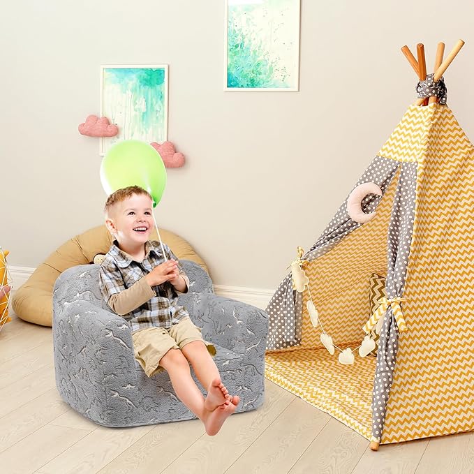 ALIMORDEN Kids Ultra-Soft Snuggle Foam Filled Chair, Glow-in-The-Dark Dinosaurs Fossil Pattern Toddler Cuddly Sherpa Reading Couch for Boys and Girls-Ruum Studio Home