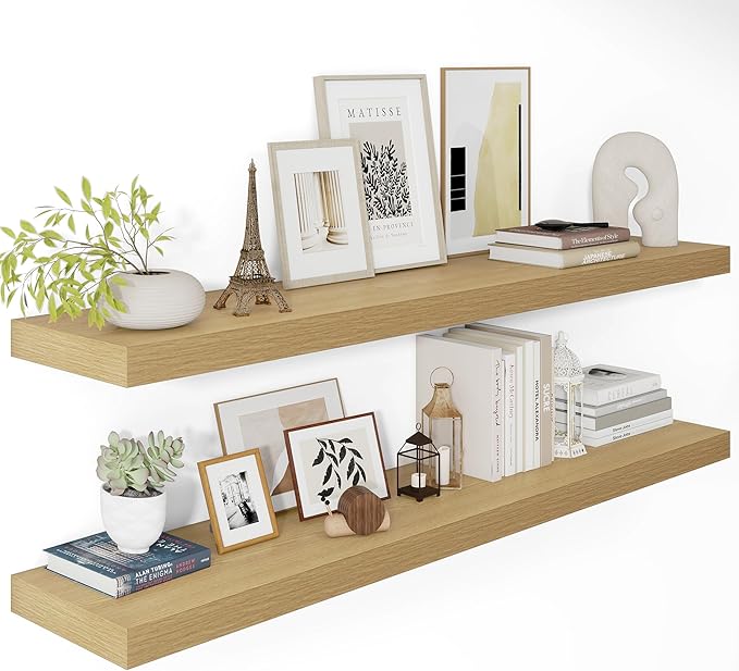 12 Inch Deep Floating Shelves 48 inch Long, 48 x 12 Wide Wall Shelves with Invisible Brackets, Heavy Duty Shelf for Bedroom Bathroom Living Room Kitchen Office Home Decor, Modern Shelf Set of 2, Oak-Ruum Studio Home