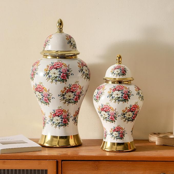 Ginger Jars for Home Decor, White Gold Ceramic Vase with Colorful Floral Pattern, Handmade Decorative Flower Vase with Lid for Home, Kitchen, Office, Table, Bookshelf, Mantle Fireplace,(18in)-Ruum Studio Home