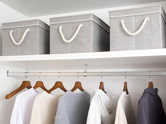 StorageWorks Storage Bins with Lids, Decorative Storage Boxes with Lid and Soft Rope Handles, Foldable Storage Baskets for Closet, Shelves, Stackable, Gray, Jumbo, 3-Pack-Ruum Studio Home