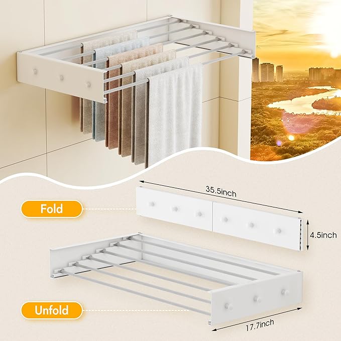 Upgrade Drying Rack Clothing,Clothes Drying Rack Wall Mounted,Laundry Drying Rack Wall Mount,Foldable,Collapsible,Retractable,6 Aluminium Poles,with Hooks,(White 35.5"-Ruum Studio Home