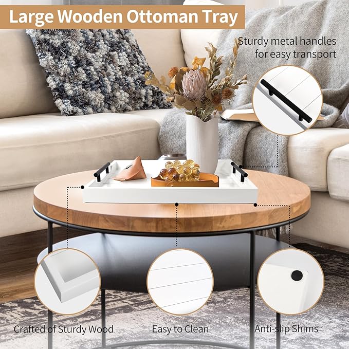 Coffee Table Tray - Large Ottoman Tray for Living Room - Wood Serving Tray with Handles(2 Sets) - Wooden Tray for Coffee Table, 4 Round Coasters Included, White-Ruum Studio Home