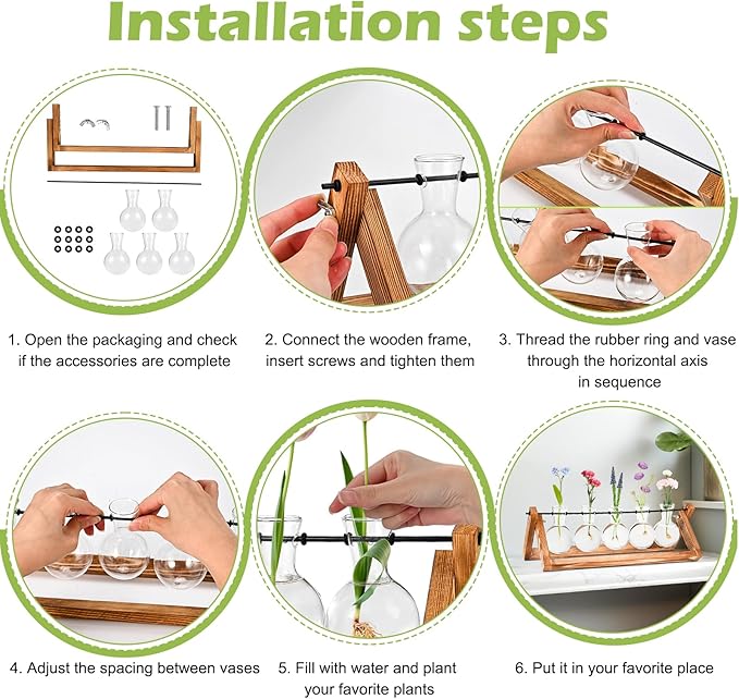 Retro Wood Stand Plant Terrarium with 5 Air Planter Bulb Glass Vases, Perfect for Home, Office, or Wedding Decor. Great Desktop Propagation Station and Plant Lover Gift for Women (5 Bulb Vase)-Ruum Studio Home