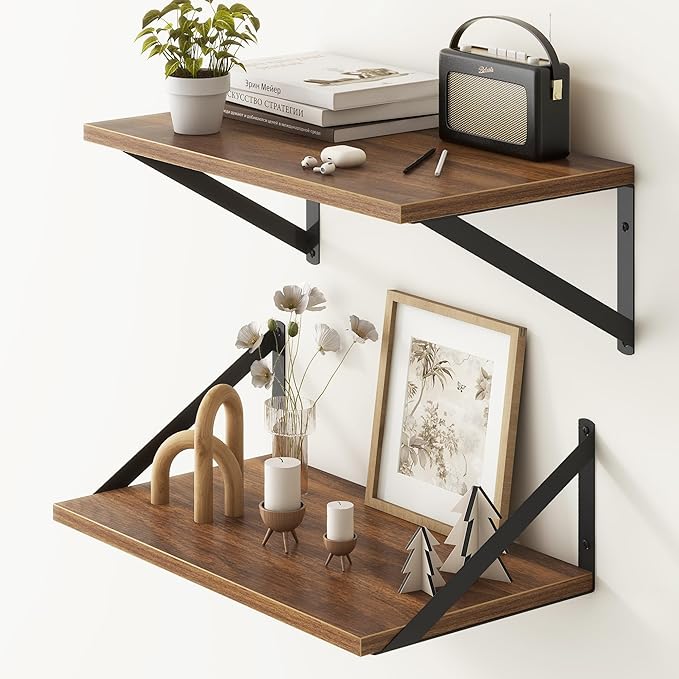 Fun Memories 18" W x10 D Floating Shelves, Farmhouse Wall Shelves Home Decor Shelf, Deep Bathroom Shelves with Bracket, 10 Inch Deep Wall Shelf for Living Room, Kitchen, Bedroom, Walnut, Set of 2-Ruum Studio Home