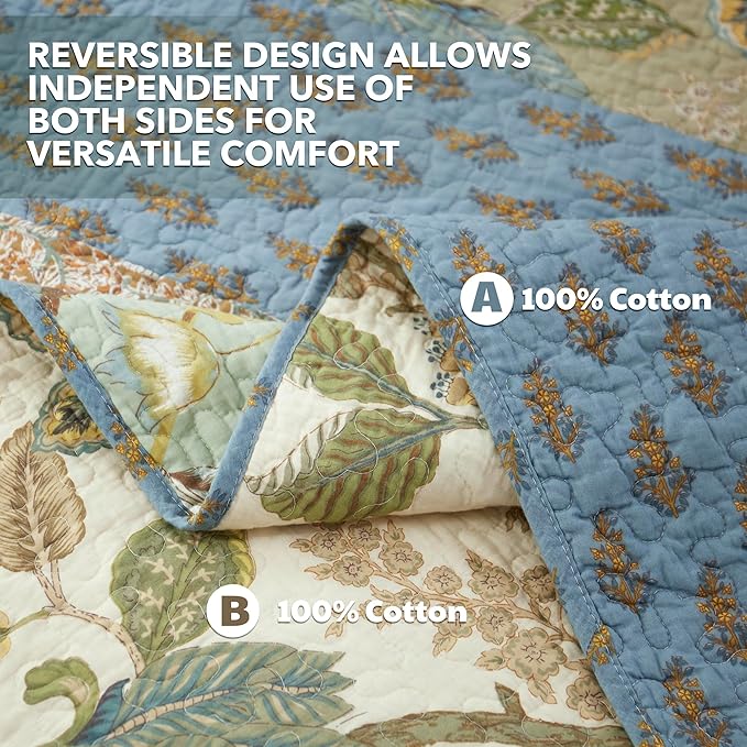 NEWLAKE Quilt Set Queen Size, 100% Cotton Patchwork Green Bohemian Quilt Sets, Reversible Bedspread Lightweight and Breathable for All Seasons, Soft Quilted Bedspread with 2 Pillow Shams-Ruum Studio Home