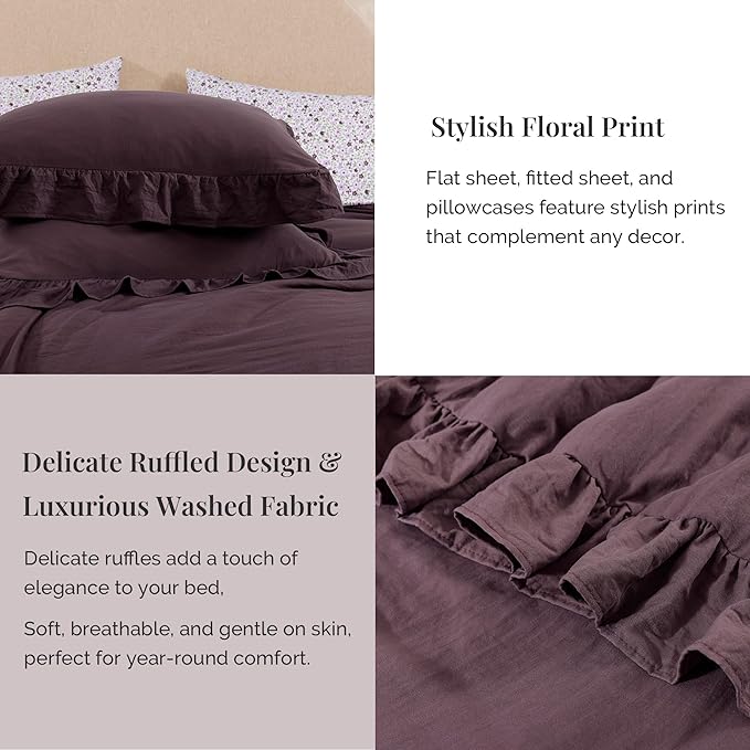 King Comforter Set - 7 Pieces Ruffle Purple Bedding Sets, Shabby Chic Farmhouse Bed in a Bag King with Ruffle Comforter, Floral Sheets, Pillowcases & Shams-Ruum Studio Home