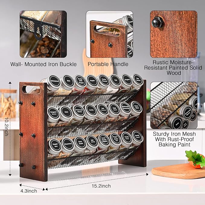 Spice Rack, Spice Rack Organizer without Seasoning Jars, Wooden Rustic 3 Tier Kitchen Spice Organizer Shelf for Cabinet, Countertop or Wall Mount-Ruum Studio Home