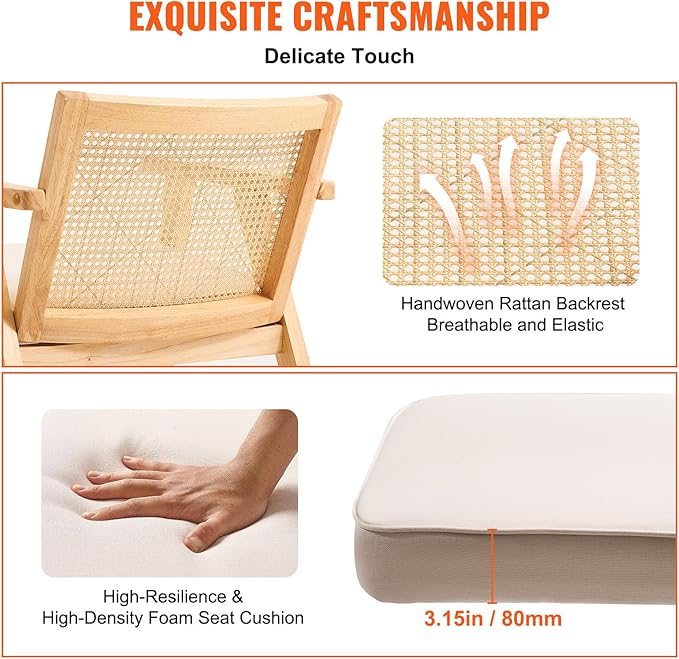 VEVOR Mid Century Modern Rattan Chair, Upholstered Velvet Accent Chair with Rattan Back, Retro Living Room Chair for Living Room, Bedroom, Reading Room, and Office, Beige-Ruum Studio Home