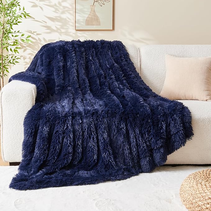 GONAAP Fuzzy Faux Fur Throw Blanket Twin Size Dark Navy Super Soft Cozy Plush Fuzzy Shaggy Blanket for Couch Sofa Bed (Dark Navy, Twin(60"x80"))-Ruum Studio Home