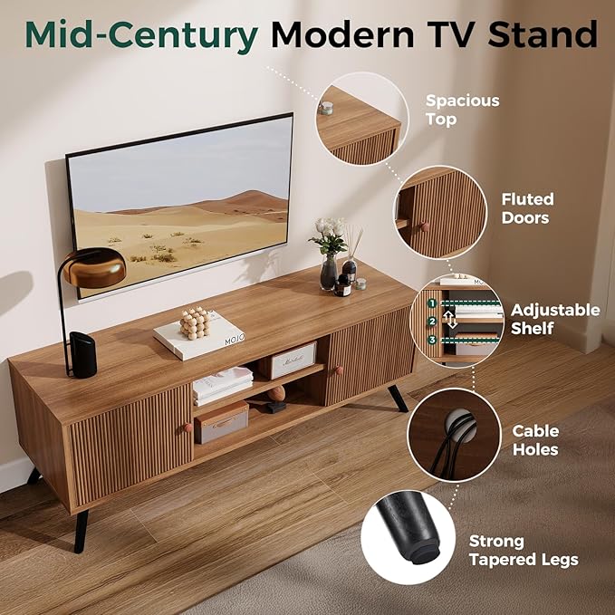 COMHOMA TV Stand for Living Room, Mid Century Modern Entertainment Center for 55/60/65 Inch TVs, Retro Brown TV Console with Fluted Door Cabinets and Open Adjustable Shelve Storage for Bedroom-Ruum Studio Home