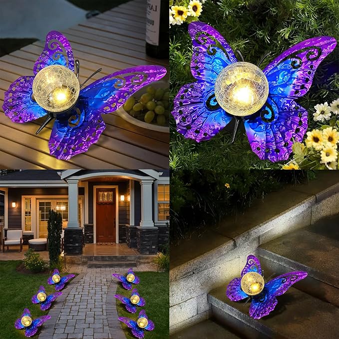Solar Lights Outdoor Garden Butterfly Decor, Metal Butterfly Statue Decoration with LED Crackle Glass Globe, Solar Powered Lighted Garden Art Decor for Patio Lawn Yard Pathway Tabletop Ground-Ruum Studio Home