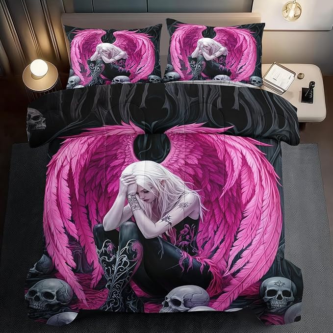 Gothic Skull Comforter Set King for Adults,Angel Wings Bedding Set Pink for Girls,Sexy Angel Comforter Bedroom Decor Teen,Gothic Skull Bedding Decor Pink Wings Quilt-Ruum Studio Home