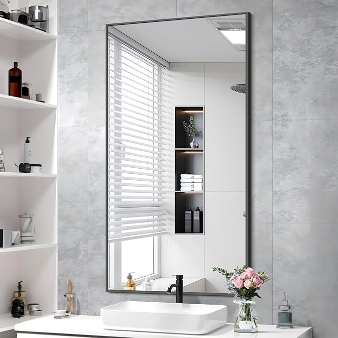 48x24In Black Bathroom Mirror for Wall, Rectangle Mirrors with Metal Frame, Bathroom Rectangular Mirror Modern Wall Mirror for Bedroom Living Room, Entryway Hangs Horizontal or Vertical-Ruum Studio Home