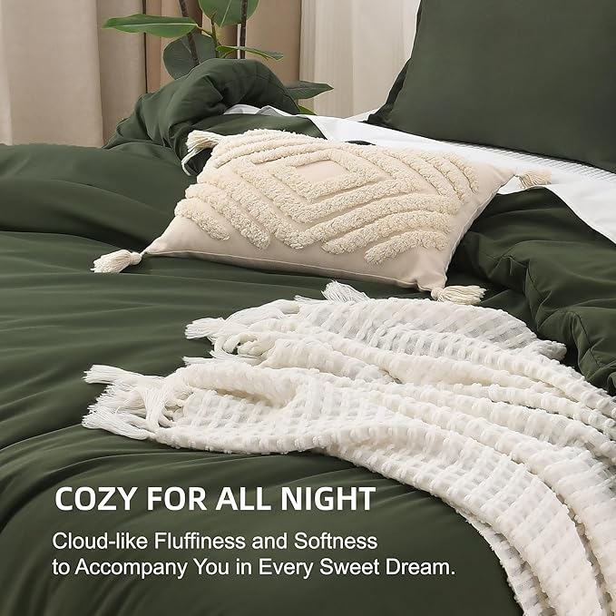 Litanika Comforters Olive Green Oversized Queen Size, 3 Pieces Lightweight Solid Bedding Comforter Set, All Season Fluffy Bed Set (98x98In Comforter & 2 Pillowcases)-Ruum Studio Home