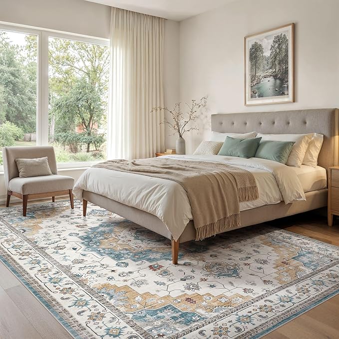 Washable Area Rugs for Living Room - 5x7 Neutral Vintage Distressed Floral Farmhouse Boho Large Soft Floor Rug Indoor Non Slip Carpet for Living Room Bedroom Dining Room Office - Blue/Yellow/Beige-Ruum Studio Home