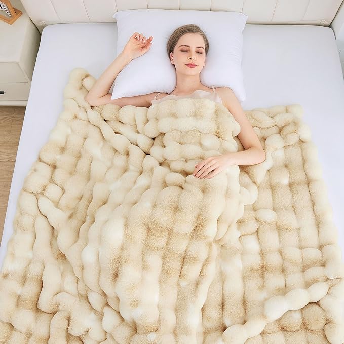 Tie-dye Camel Faux Fur Rabbit Thick Throw Blanket for Couch Living Room 50x60 Fluffy Bed Furry Comforter Soft Blanket Best Housewarming Home Gifts 860 GSM-Ruum Studio Home