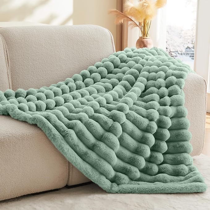 BEDELITE Faux Rabbit Fur Blanket, Luxurious 3D Striped Spring Blanket for Decor & Gift, Soft and Warm Plush Fluffy Faux Fur Throw Blanket All Seasons Suitable, (Sage Green, 60"x 80")-Ruum Studio Home