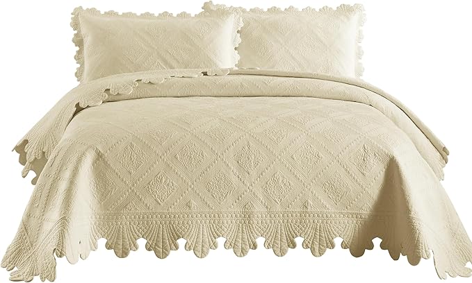MarCielo 3-Piece 100% Cotton Oversized Bedspread Lightweight Quilt Coverlet Embroidery Farmhouse Bedding Set (Tk Beige Khaki, Oversized King (118"x106"))-Ruum Studio Home