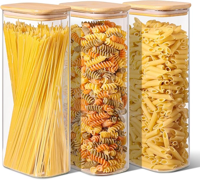 ComSaf 2.2 Qt Rectangle Glass Storage Containers with Lids, Glass Jars with Bamboo Lids, Clear Food Storage Jar, Tall Spaghetti Container, Pantry Storage Container for Pasta Flour Oats Nuts Rice-Ruum Studio Home