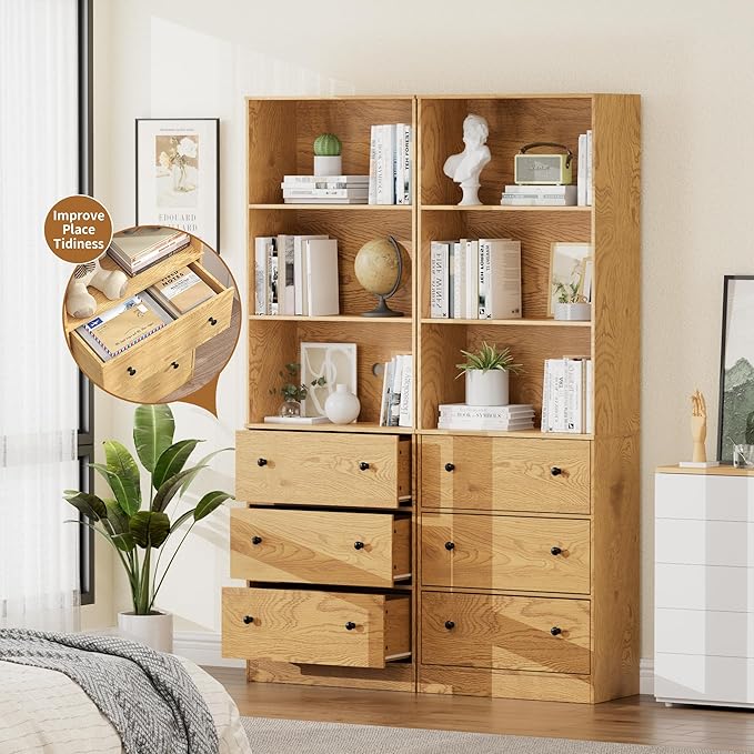 71" Tall Bookshelves Set of 2, Bookcases with Drawers, Bookshelves with Storage, Wooden Bookshelf with 3 Drawers & 3-Tier Open Shelves,Home Decor Furniture for Living Room,Bedroom,Home,Natural-Ruum Studio Home