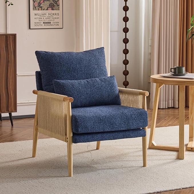 VINGLI Boho Braid Accent Armchair,Mid-Century Modern Chiar with Solid Wooden Armrest,Comfy Louge Cushion Chair with Waist Pillow for Bedroom,Living Room,Reading Room, Blue-Ruum Studio Home