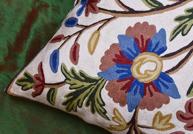 Dahlia Floral Pillow Cover - Cream Flower Pillowcase - Outdoor Cushion - Suzani Farmhouse Chair Throw - Traditional Chair Cushions - Hand Embroidered Wool Size - 18x18-Ruum Studio Home