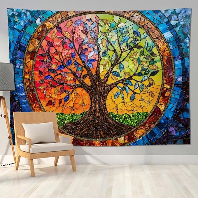 keowhsf Tree of Life Tapestry Wall Hanging – Colorful Stained Glass Look Wall Art with Fantasy Aesthetic, Large Tapestry for Bedroom, Living Room, Home Decor-Ruum Studio Home