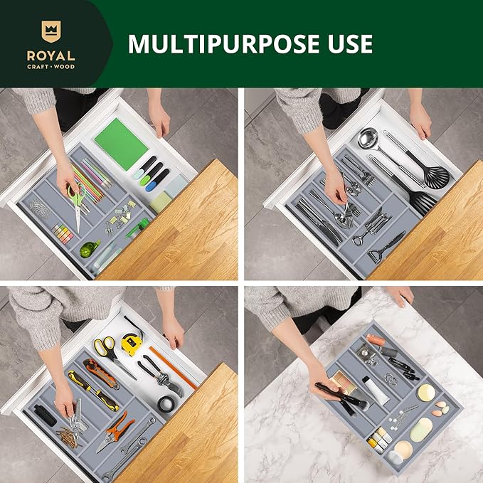 ROYAL CRAFT WOOD Luxury Bamboo Kitchen Drawer Organizer - Silverware Organizer - Utensil Holder and Cutlery Tray with Grooved Drawer Dividers for Flatware and Kitchen Utensils (7 Slot, Gray)-Ruum Studio Home