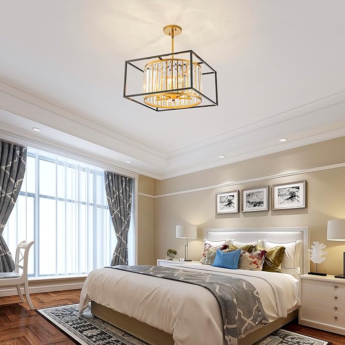 5-Lights K9 Crystal Chandelier, Modern Style Pendant Light Fixture for Dining Room, Bedroom & Living Room, Gold & Black Finish, L16.5 * W16.5 * H12~48 inch (Adjustable Height)-Ruum Studio Home