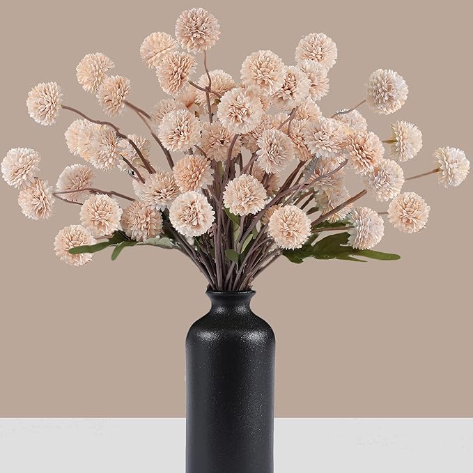 Faux Beige Kiku Flowers 10 Stems & 2 Eucalyptus, Fake Mums Pompon Flower Ball, Autumn Artificial Chrysanthemums Flowers for Boho Bedroom Decor, Silk Mini Faux Kiku Flower Wedding Arrangements Decor-Ruum Studio Home