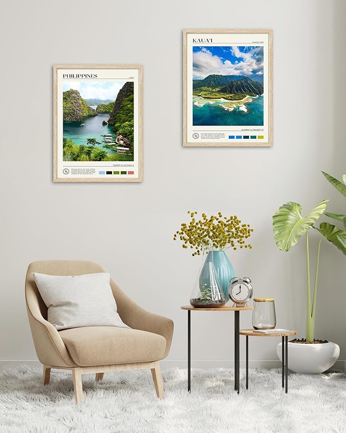 HesenDot Natural OAK Wood Framed Hawaiian Archipelago Wall Art,12x16in Kauai Quality Canvas Wall Print,Classic Urban Landmark Wall Decor for Living Room,Bedroom,Office Gallery Set of 1-Ruum Studio Home