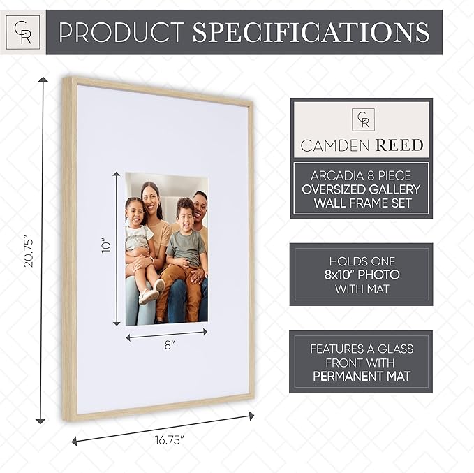 Camden Reed Arcadia 8 Piece Oversized Gallery Wall Frame, 16x20 and 16x16 Inch Matted Frames for Featuring 8x10 and 5x7 Inch Photographs or Art Prints, Natural Finish-Ruum Studio Home