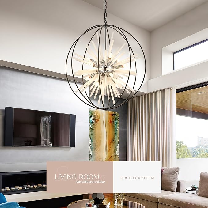 31.5" Black Chrome 16-Light Globe Sputnik Chandelier Modern Adjustable Hanging Ceiling Glass Tube Pendant Light Fixture for Entryway Foyer Stairway Dining Living Room Hallway-Ruum Studio Home
