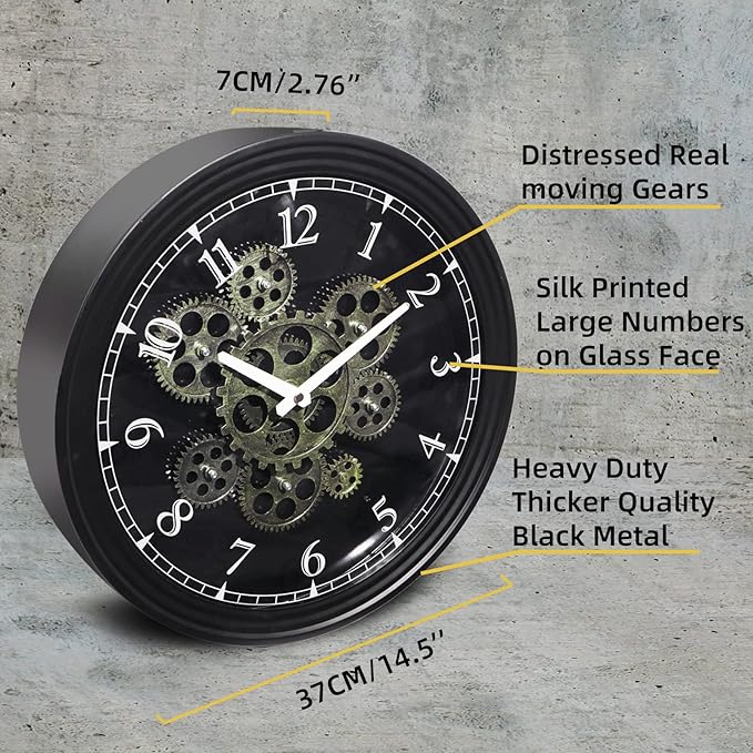 CLXEAST 15 Inch Real Moving Gear Wall Clock, Vintage Industrial Steampunk Metal Wall Clocks for Living Room Decor,Kitchen, Home Office,House Warming Gifts New Home-Ruum Studio Home
