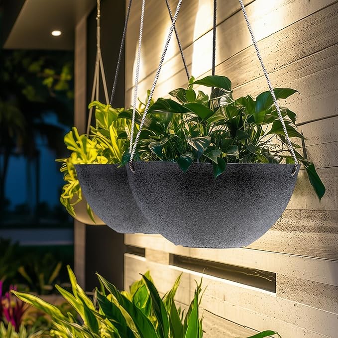 LA JOLIE MUSE Large Hanging Planters for Outdoor Plants - 13 Inch Hanging Flower Pots with Drainage Holes, Set of 2, Rock Grey-Ruum Studio Home