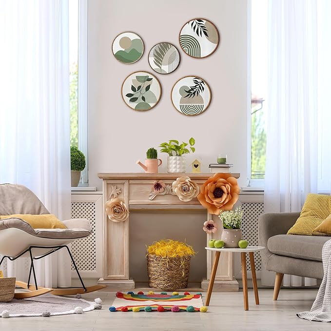 Qunclay 5 Pcs Wall Art Decor Wooden Living Room Wall Decor Bohemian Hanging Farmhouse Geometric 10'' and 8'' Aesthetic Wood Minimalist Posters for Bedroom(Greenery)-Ruum Studio Home