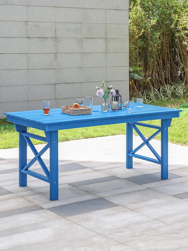 HDPE Outdoor Dining Table, 66.9” Rectangle Patio Dining Table for 6, All-Weather HDPE Outdoor Table with 2.2” Umbrella Hole, HDPE Patio Furniture for Deck, Backyard, Garden, Pool, Sky Blue-Ruum Studio Home