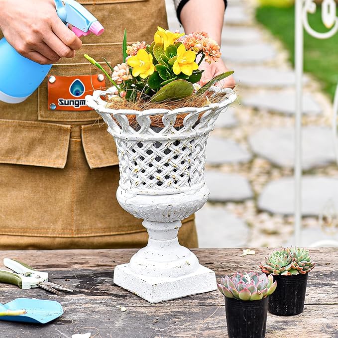 Sungmor Heavy Duty Cast Iron Urn Planter, Beautiful Hollow Trophy Design Tall Orchid Flower Pot, Large Decorative Plastic Flowers Plants Bouquets Vase, Rustic French Country Pot for Home or Garden-Ruum Studio Home