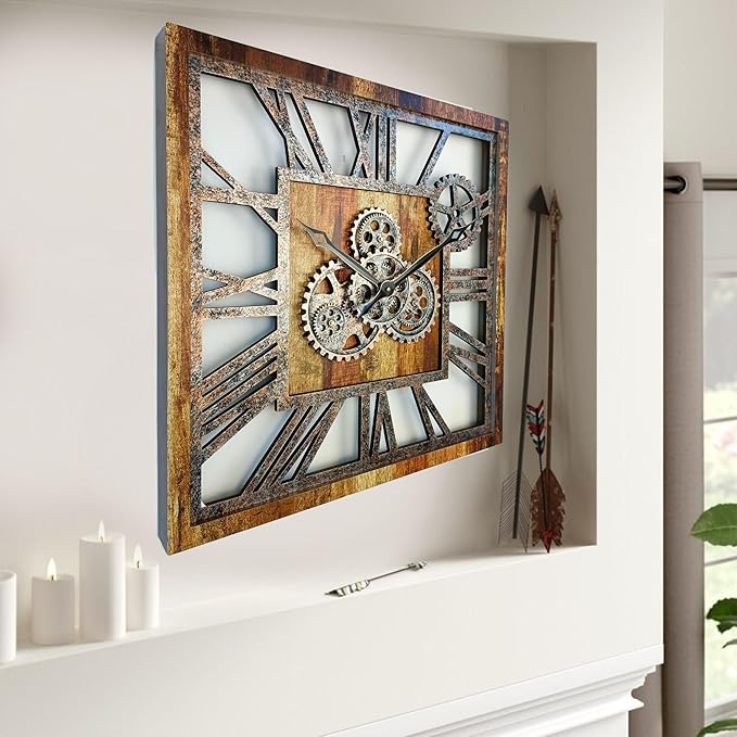 The Gears Clock 24'' Inch Square Real Moving Gear Wall Clock Vintage Industrial Oversized Rustic Farmhouse (Vintage Brown)-Ruum Studio Home