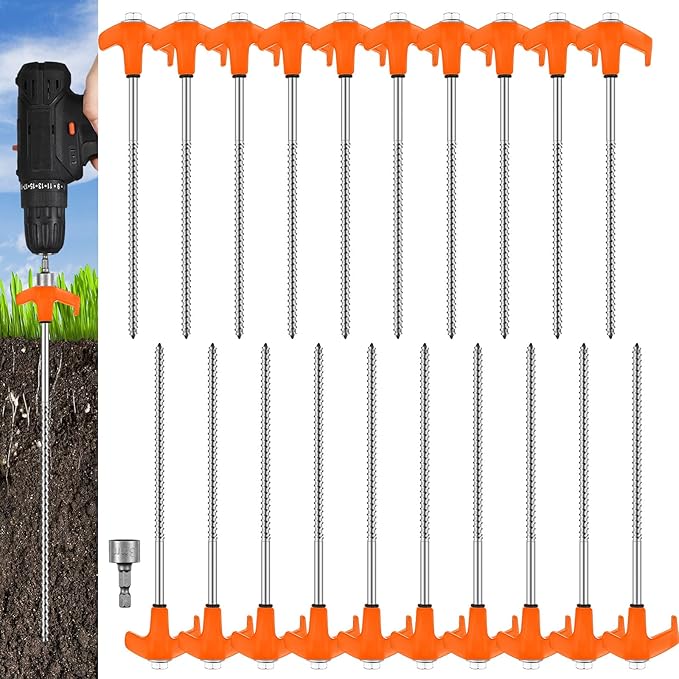 Hicarer 20 Pcs 20 Pcs 8'' Screw in Tent Stakes Heavy Duty Ground Metal Stakes for Inflatables with Hex Head Driver for Outdoor Camping Tent Inflatable Garden Decor (Orange)-Ruum Studio Home